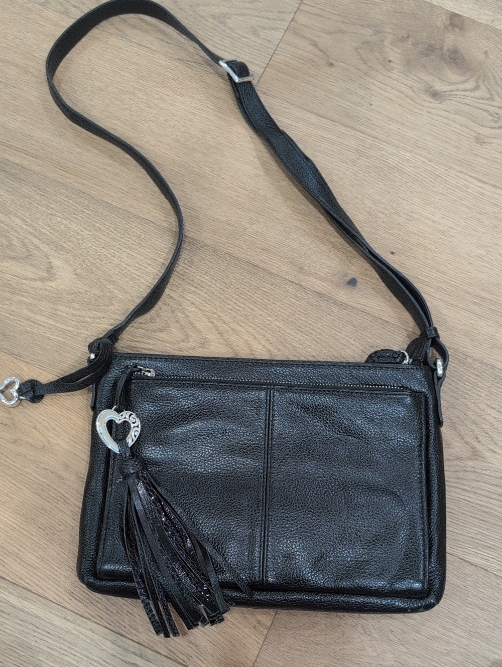 Brighton Black Leather Crossbody Bag with Heart Tassel